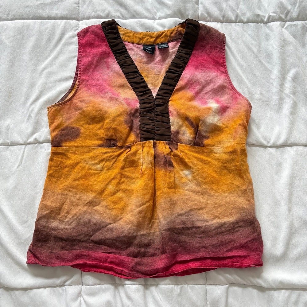 Vintage 90s Y2K Top Blouse Womens Medium 100% Linen Tie Dye Sleeveless Orange